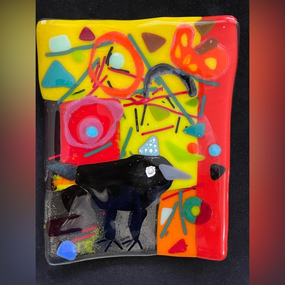 “Choose Joy”Fused Art Glass With Crow Handmade Rectangular Tray 8”x6”Original - Picture 3 of 9